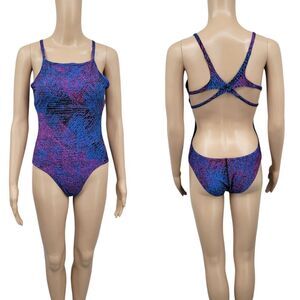 Speedo Endurance Blue Purple Hot Pink Patterned One Piece Swimsuit Open Back